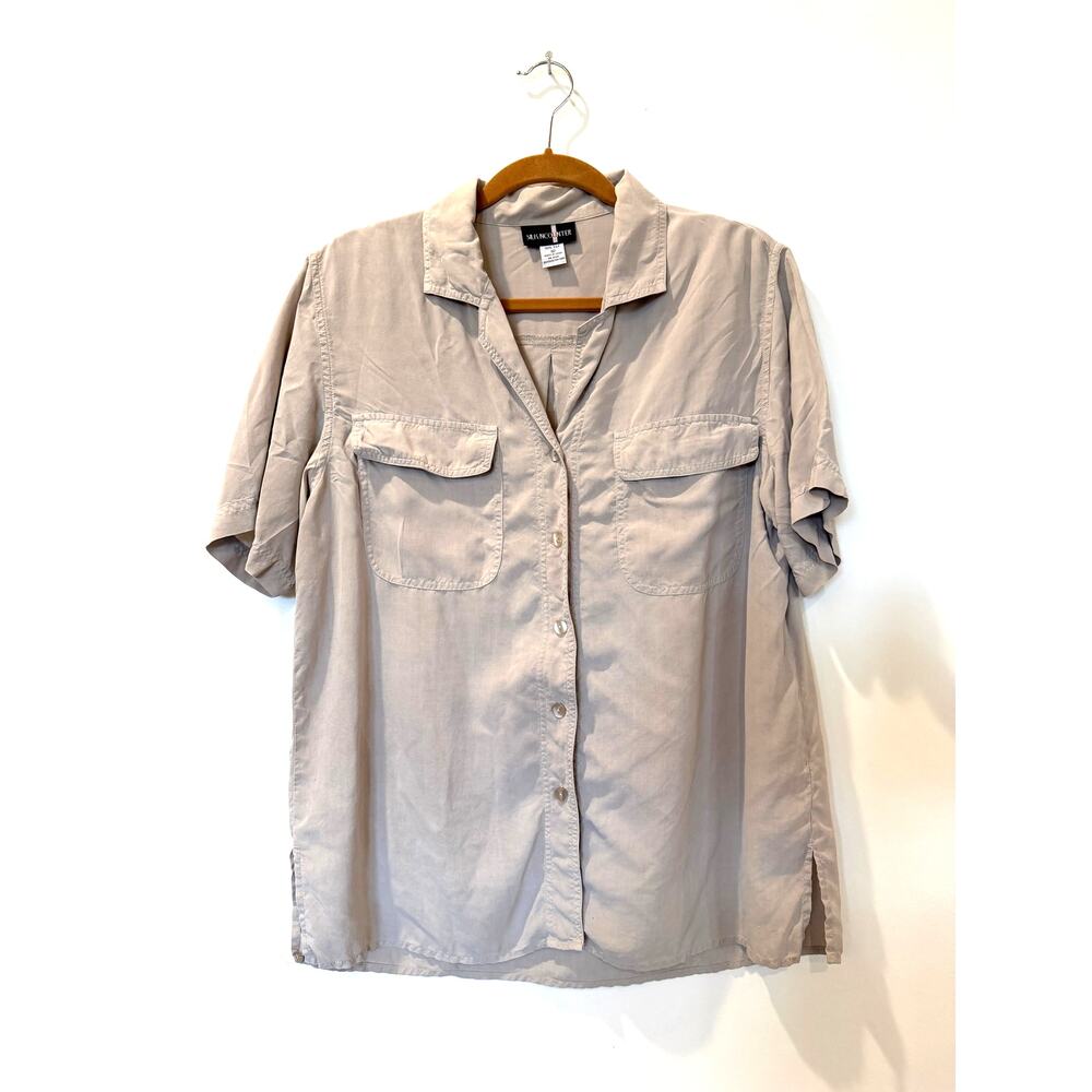 Vtg 100% silk short sleeve button down camp shirt tan beige M cottagecore